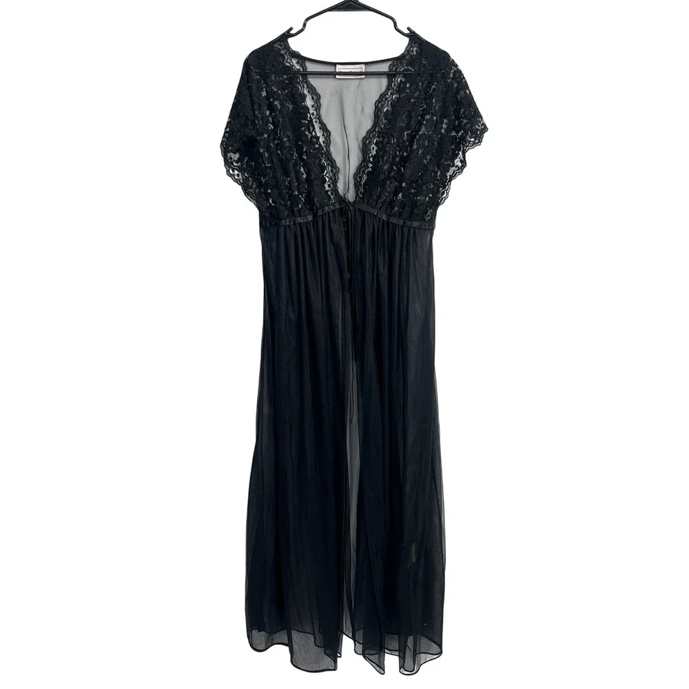 Vintage Sheer Lace Long Robe Petite Small Black Goth Romantic Noir Boudoir Layer